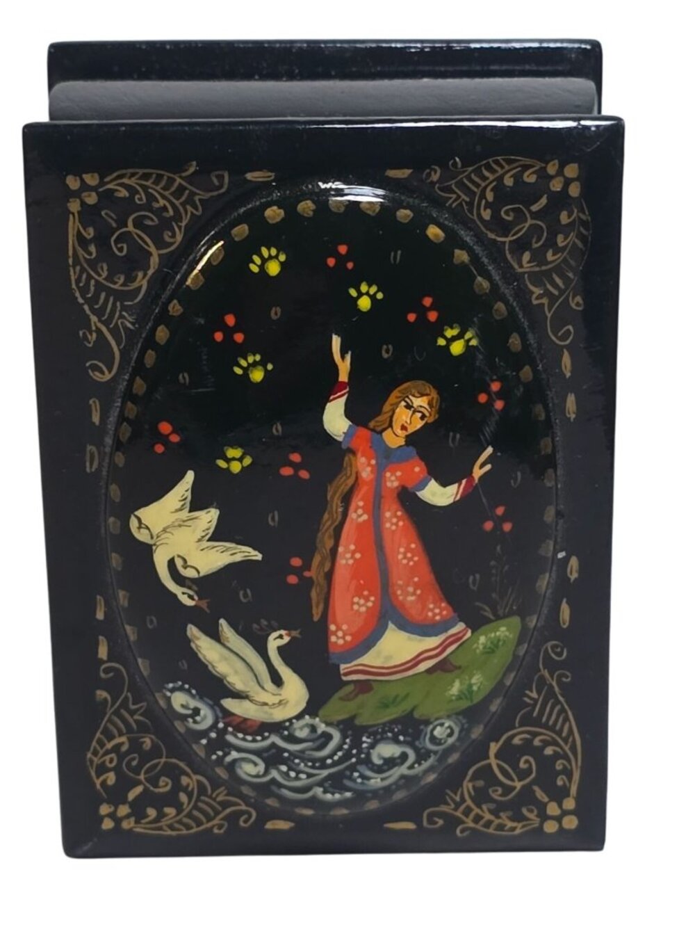 Vintage Miniature Russian Lacquer Trinket Box Hinged Woman Swans Handpainted
